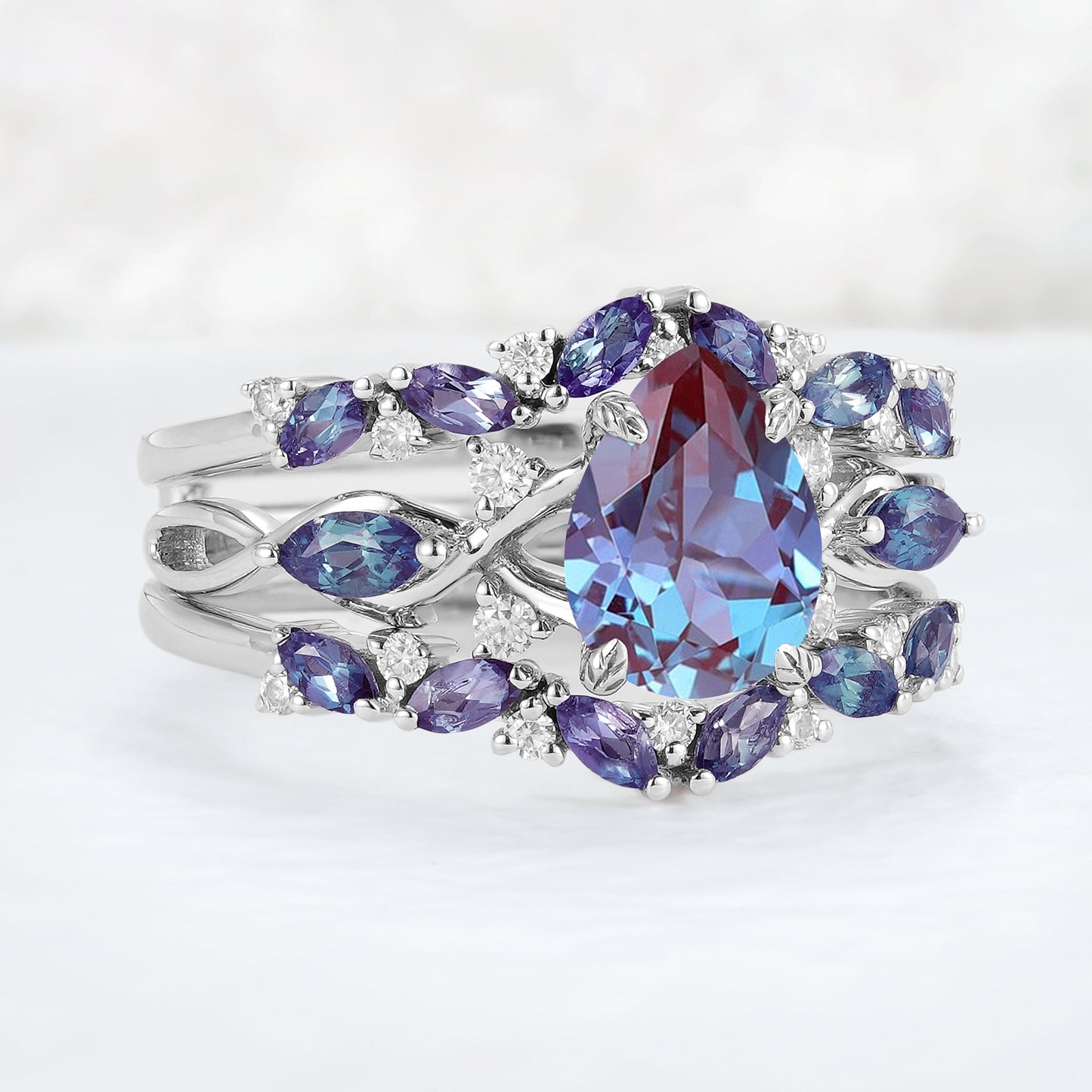 Unique Pear Cut Alexandrite Cluster Enhancer Gemstone Ring Set