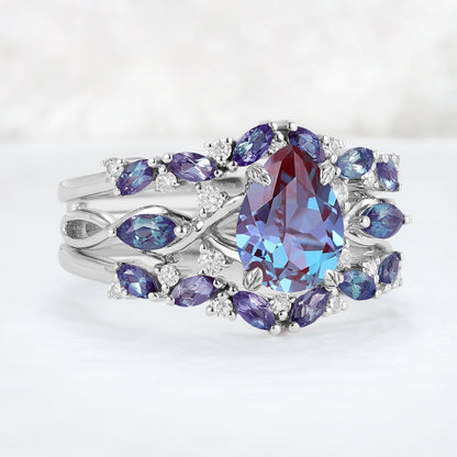 Unique Pear Cut Alexandrite Cluster Enhancer Gemstone Ring Set