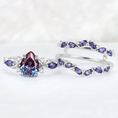 Unique Pear Cut Alexandrite Cluster Enhancer Gemstone Ring Set