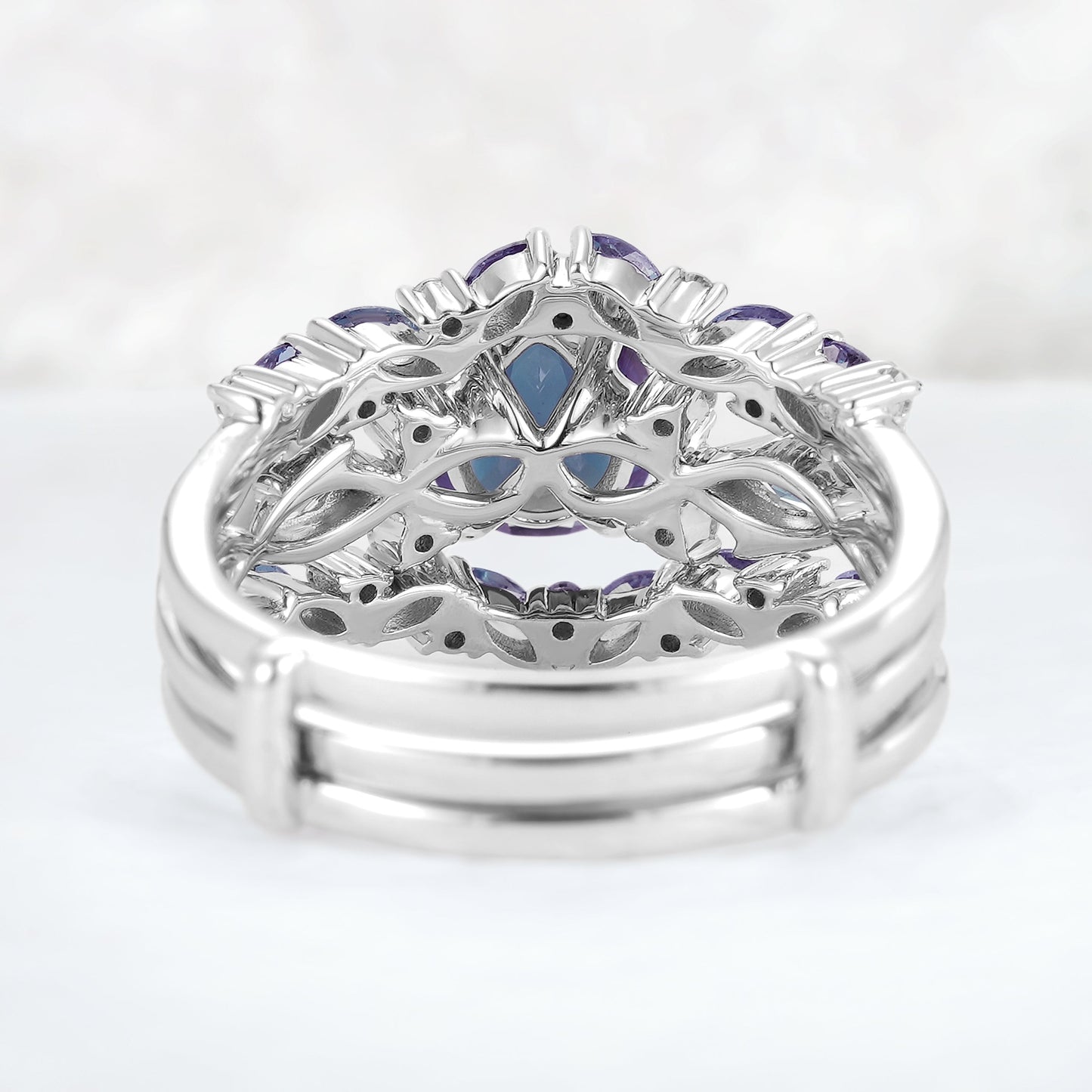 Unique Pear Cut Alexandrite Cluster Enhancer Gemstone Ring Set