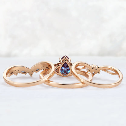 Unique Pear Cut Alexandrite Vine Gemstone Ring Set 3pcs