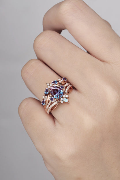 Unique Pear Cut Alexandrite Vine Gemstone Ring Set 3pcs
