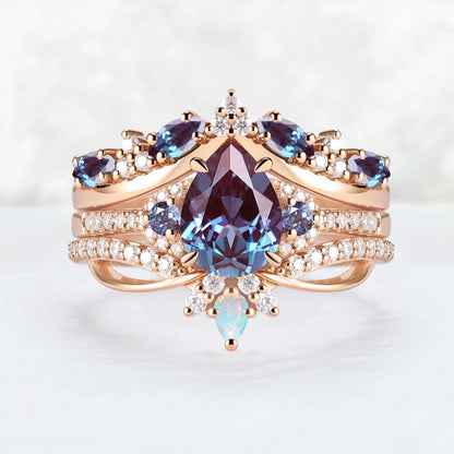 Unique Pear Cut Alexandrite Vine Gemstone Ring Set 3pcs