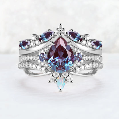 Unique Pear Cut Alexandrite Vine Gemstone Ring Set 3pcs