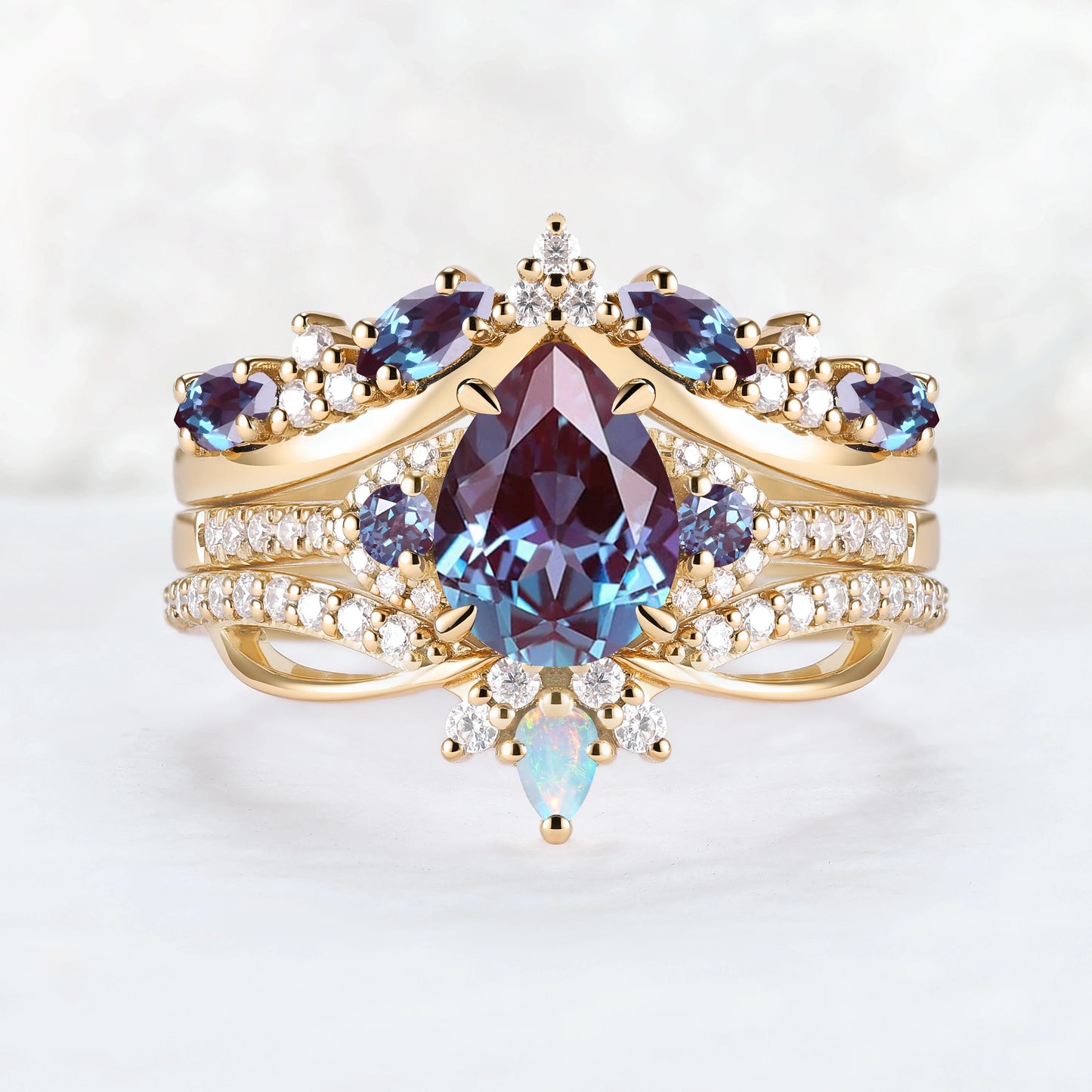Unique Pear Cut Alexandrite Vine Gemstone Ring Set 3pcs