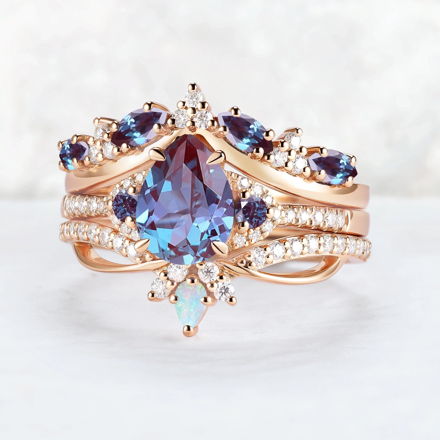 Unique Pear Cut Alexandrite Vine Gemstone Ring Set 3pcs