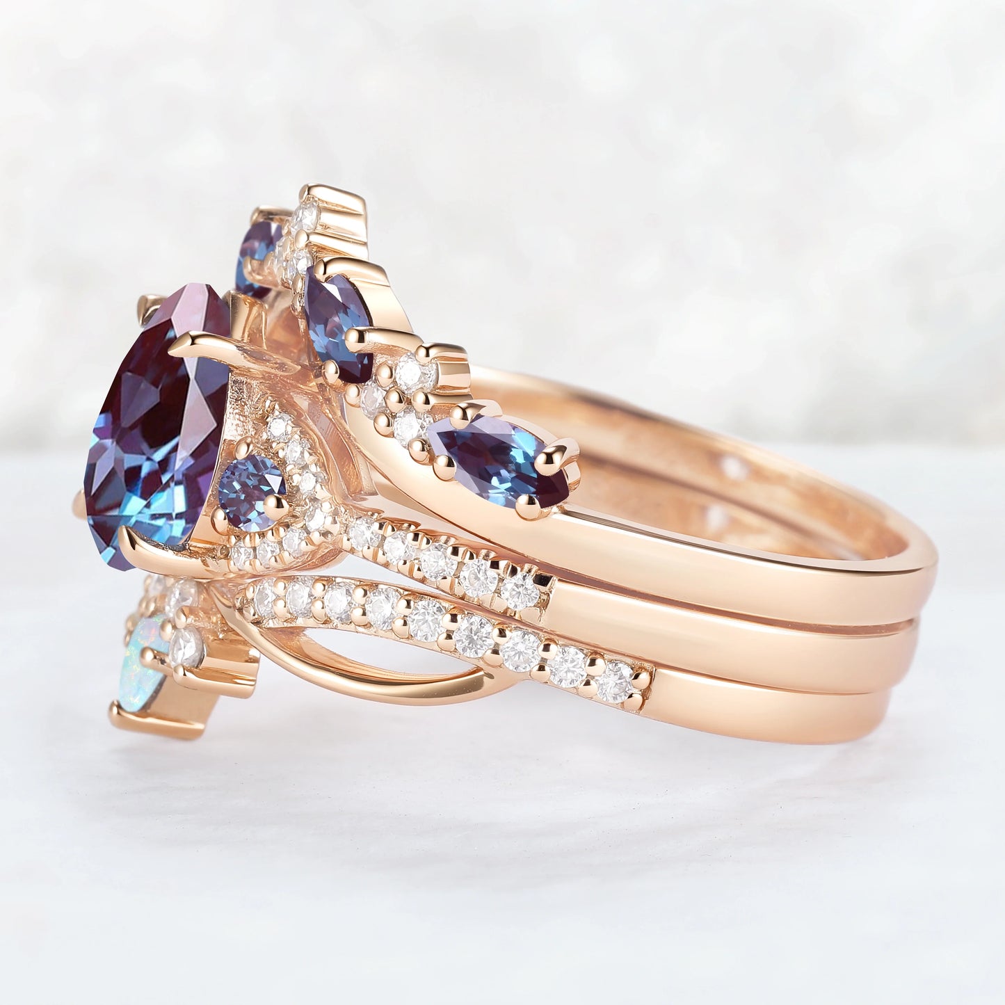 Unique Pear Cut Alexandrite Vine Gemstone Ring Set 3pcs