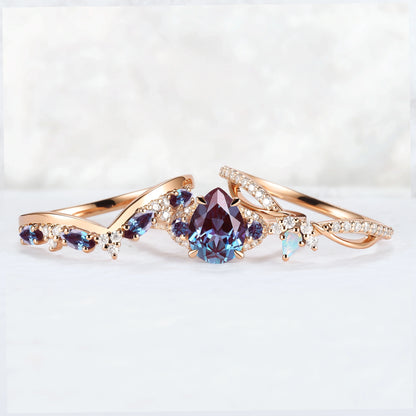 Unique Pear Cut Alexandrite Vine Gemstone Ring Set 3pcs