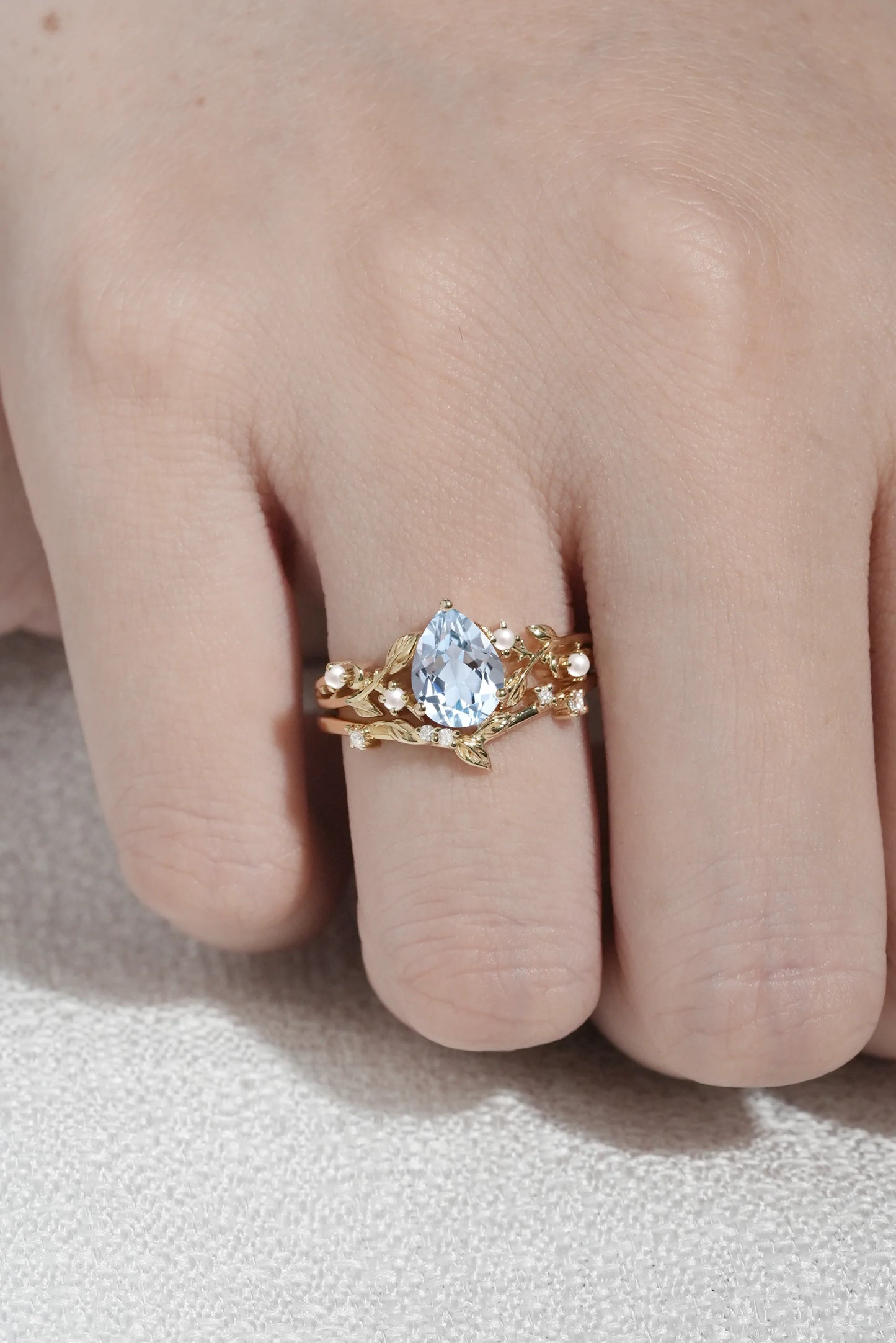 Unique Pear Cut Aquamarine Leafy Engagement Ring 2pcs