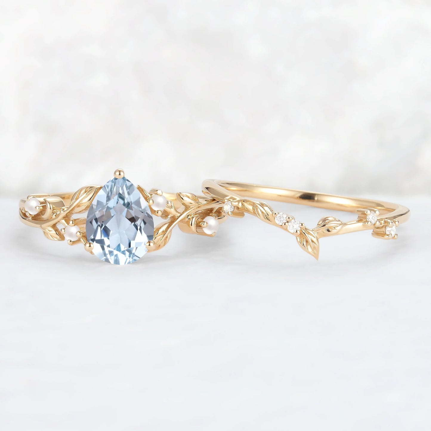 Unique Pear Cut Aquamarine Leafy Engagement Ring 2pcs