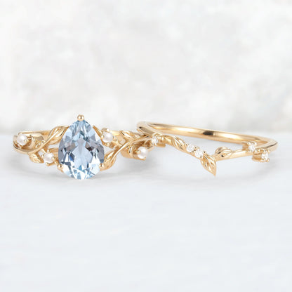 Unique Pear Cut Aquamarine Leafy Engagement Ring 2pcs