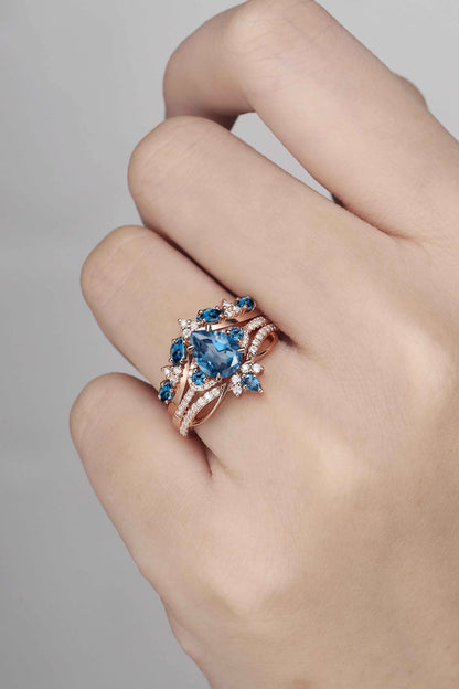 Unique Pear Cut Blue Topaz Vine Gemstone Ring Set 3pcs