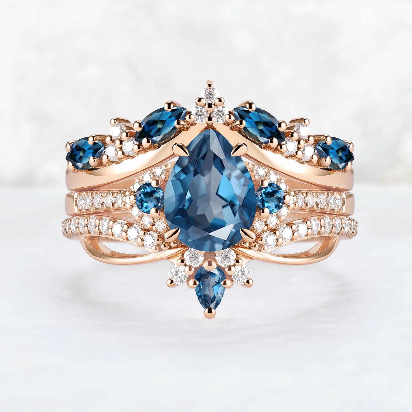 Unique Pear Cut Blue Topaz Vine Gemstone Ring Set 3pcs