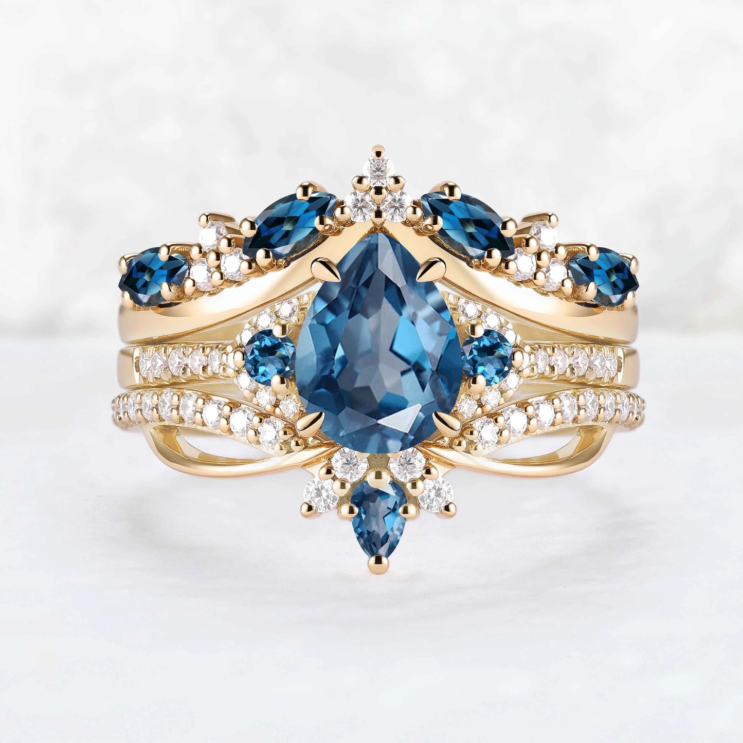 Unique Pear Cut Blue Topaz Vine Gemstone Ring Set 3pcs
