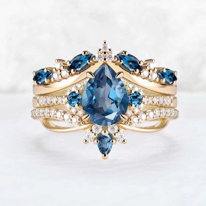 Unique Pear Cut Blue Topaz Vine Gemstone Ring Set 3pcs