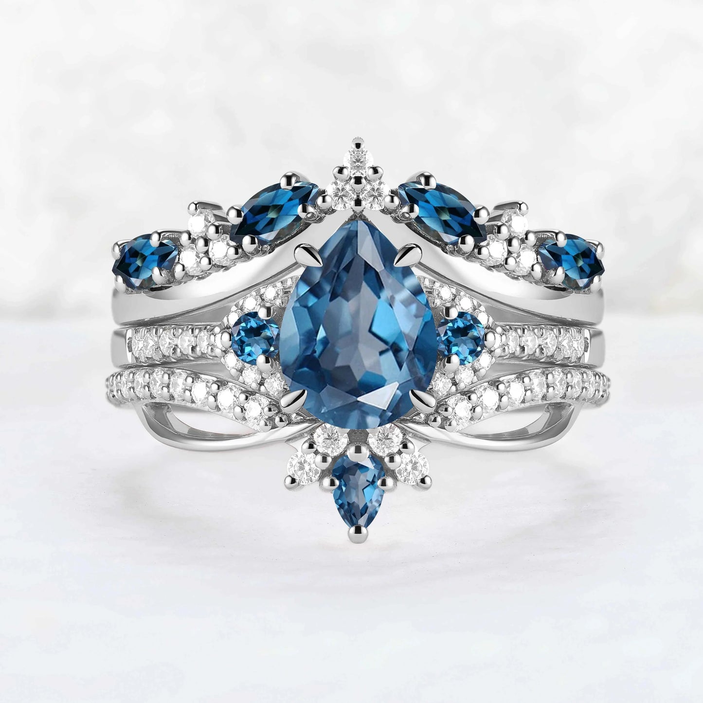 Unique Pear Cut Blue Topaz Vine Gemstone Ring Set 3pcs