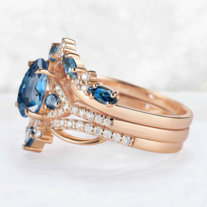 Unique Pear Cut Blue Topaz Vine Gemstone Ring Set 3pcs