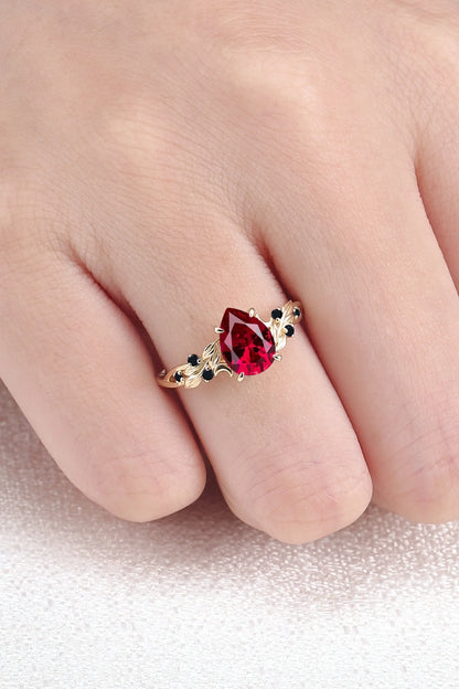 Unique Pear Cut Lab Ruby Moon Style Gemstone Ring