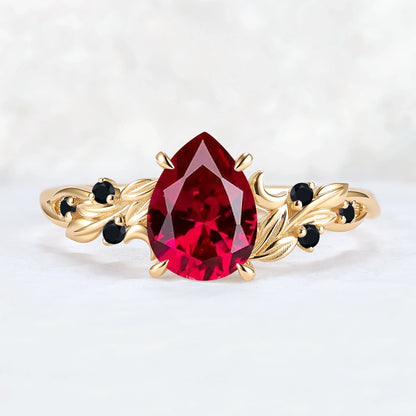 Unique Pear Cut Lab Ruby Moon Style Gemstone Ring