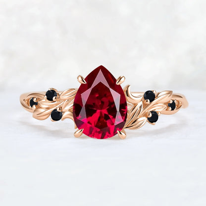 Unique Pear Cut Lab Ruby Moon Style Gemstone Ring