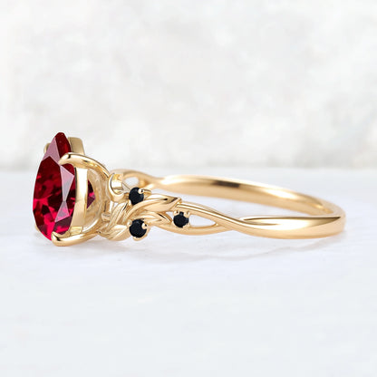 Unique Pear Cut Lab Ruby Moon Style Gemstone Ring