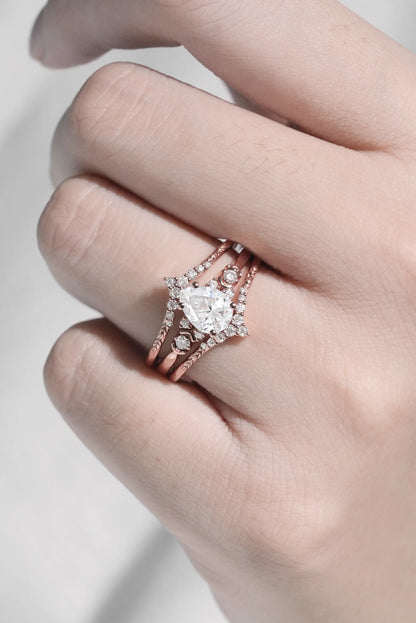 Unique Pear Cut Moissanite Cluster Enhancer Gemstone Ring Set 2pcs