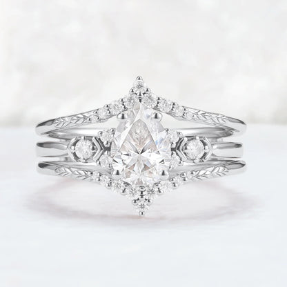 Unique Pear Cut Moissanite Cluster Enhancer Gemstone Ring Set 2pcs