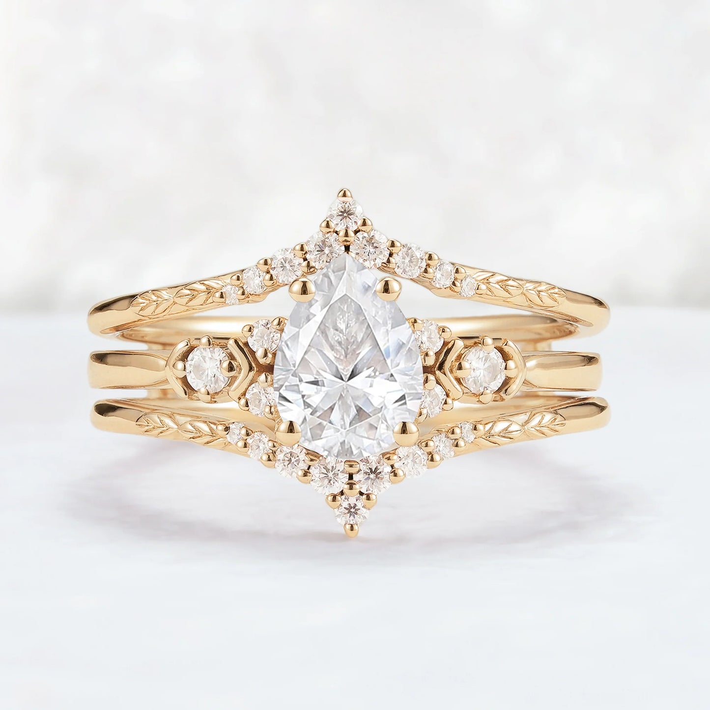 Unique Pear Cut Moissanite Cluster Enhancer Gemstone Ring Set 2pcs