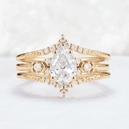 Unique Pear Cut Moissanite Cluster Enhancer Gemstone Ring Set 2pcs