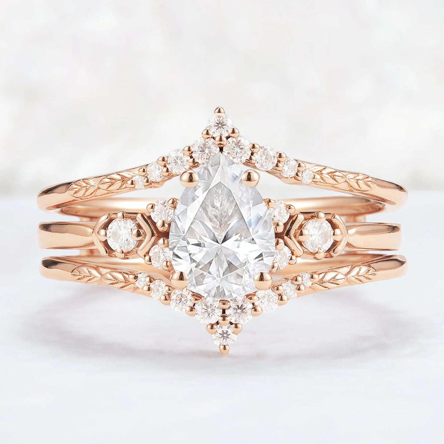 Unique Pear Cut Moissanite Cluster Enhancer Gemstone Ring Set 2pcs