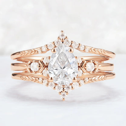 Unique Pear Cut Moissanite Cluster Enhancer Gemstone Ring Set 2pcs