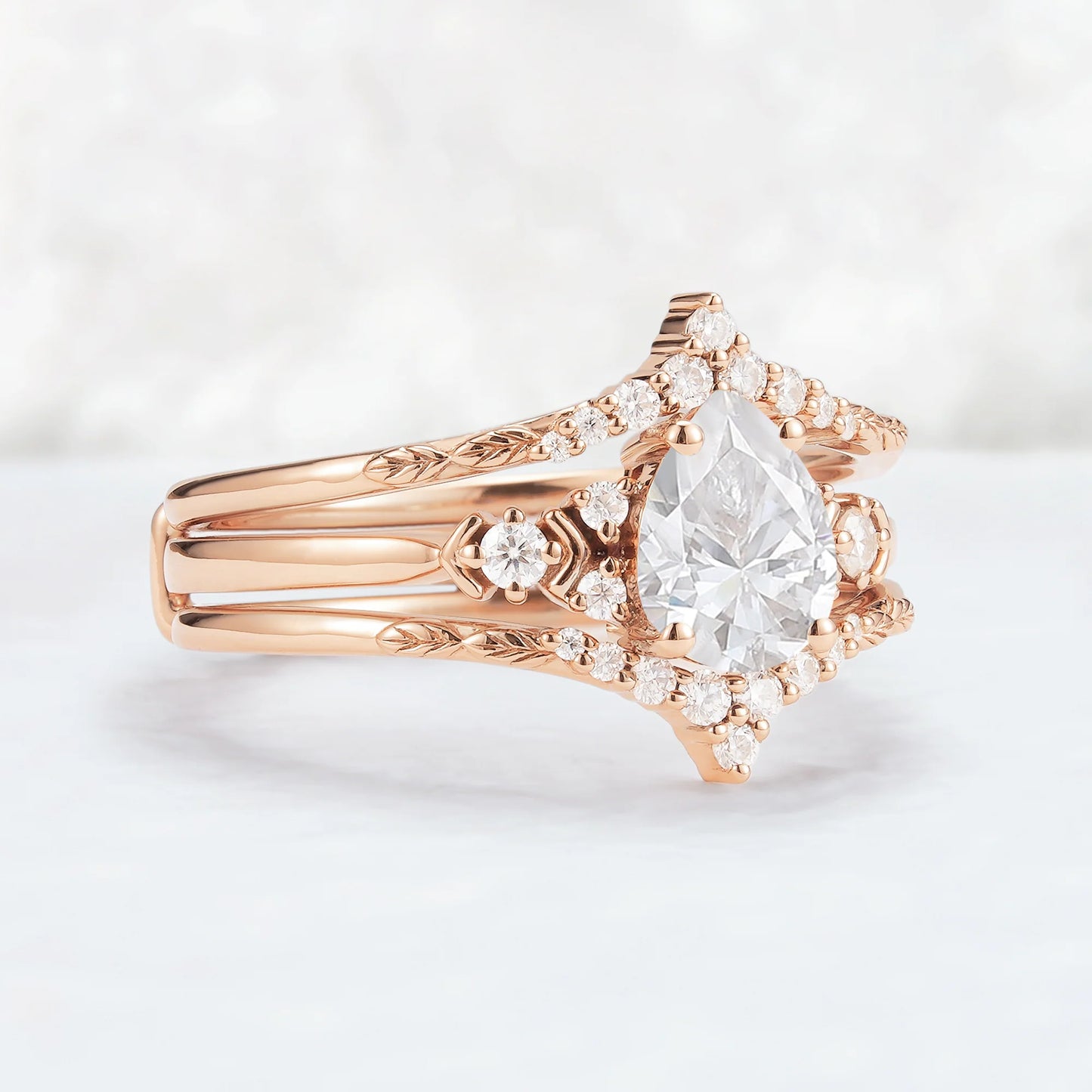 Unique Pear Cut Moissanite Cluster Enhancer Gemstone Ring Set 2pcs