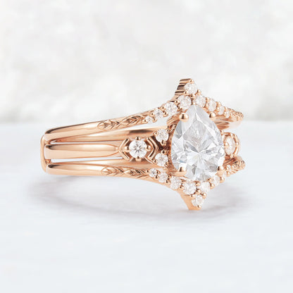 Unique Pear Cut Moissanite Cluster Enhancer Gemstone Ring Set 2pcs