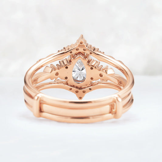 Unique Pear Cut Moissanite Cluster Enhancer Gemstone Ring Set 2pcs