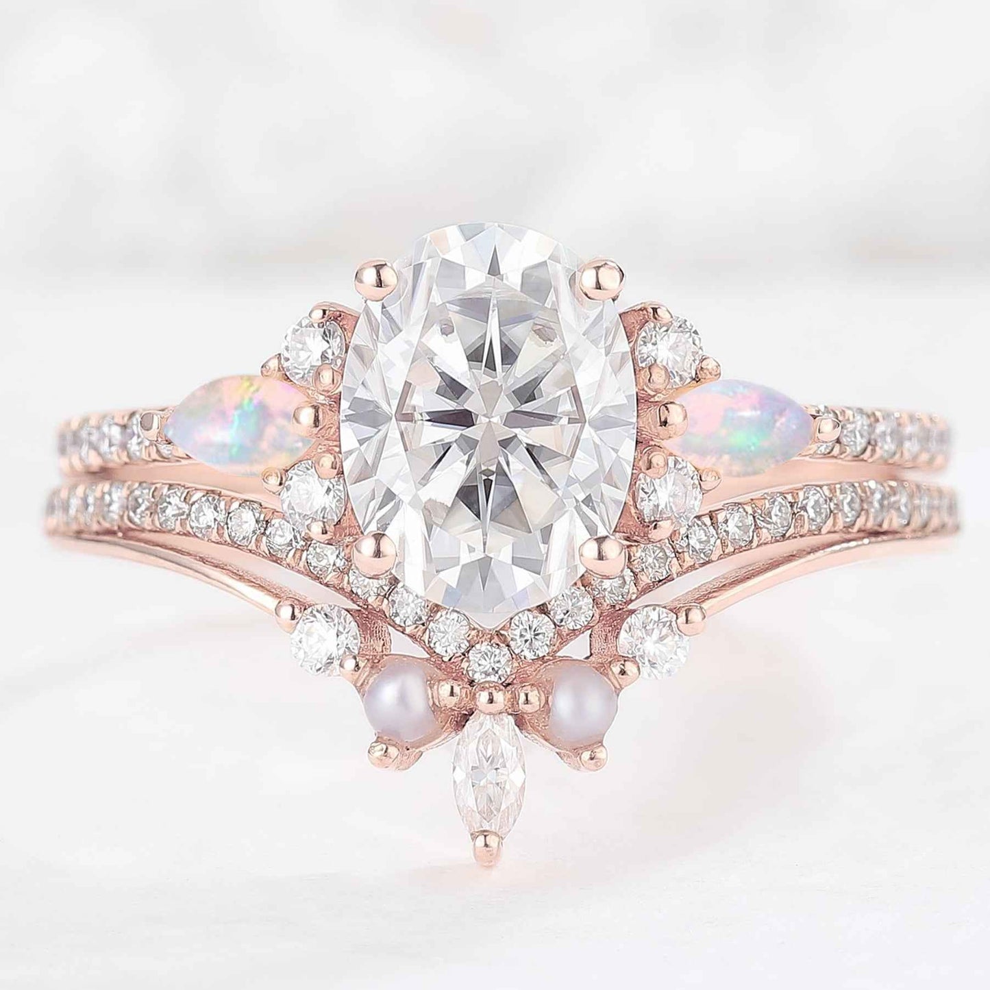 Unique Oval Cut Moissanite Seven  Stones Gemstone Ring 2pcs