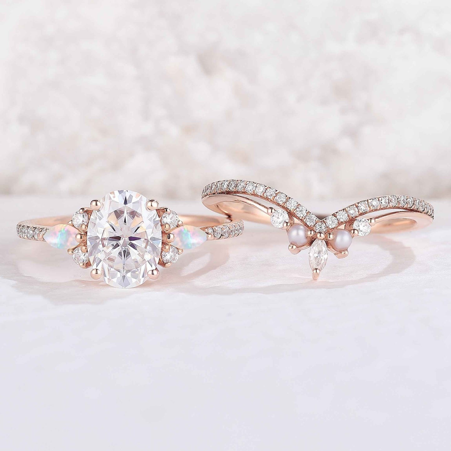 Unique Oval Cut Moissanite Seven  Stones Gemstone Ring 2pcs