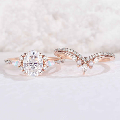 Unique Oval Cut Moissanite Seven  Stones Gemstone Ring 2pcs