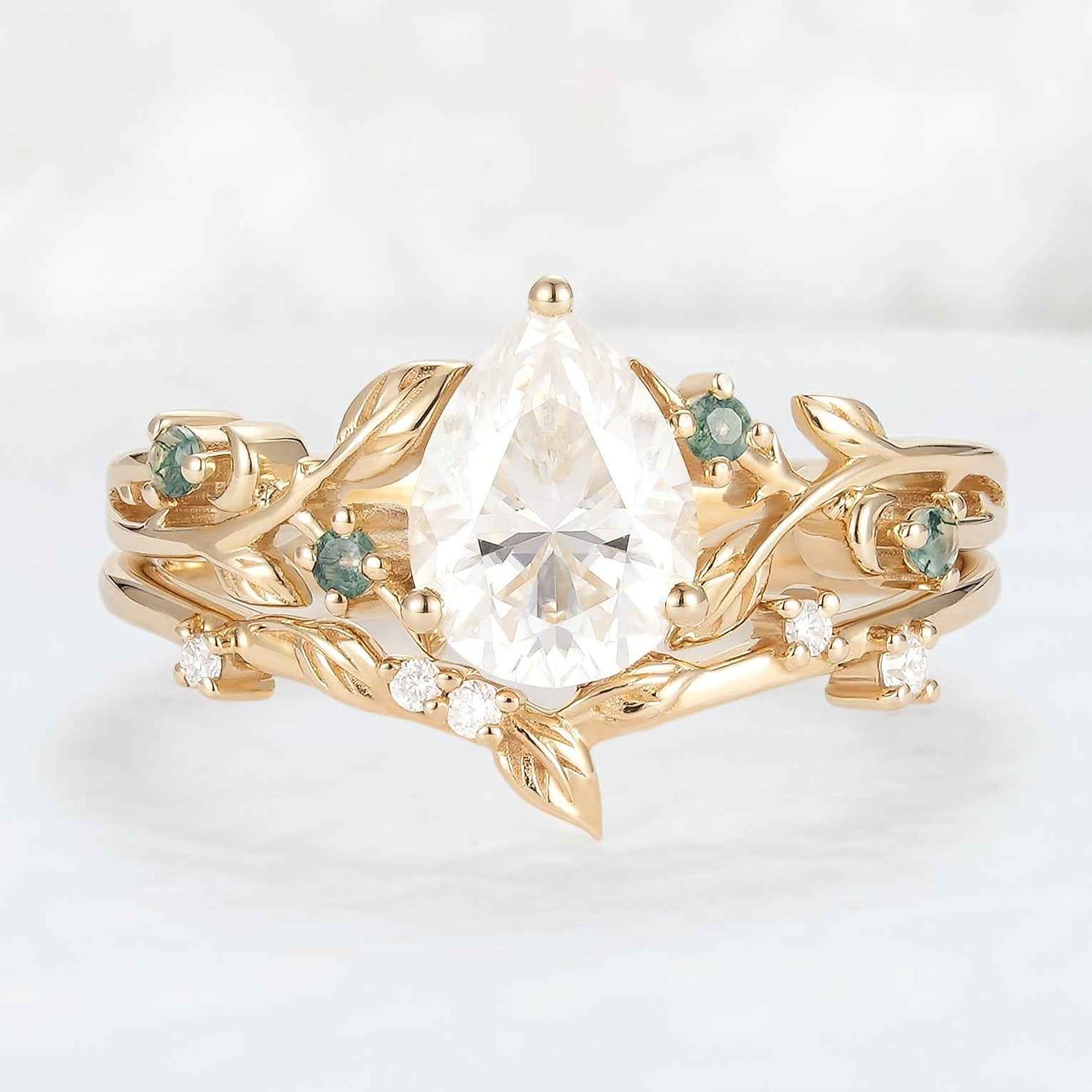 Unique Pear Cut Moissanite Leafy Gemstone Ring 2pcs