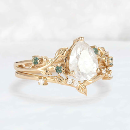 Unique Pear Cut Moissanite Leafy Gemstone Ring 2pcs