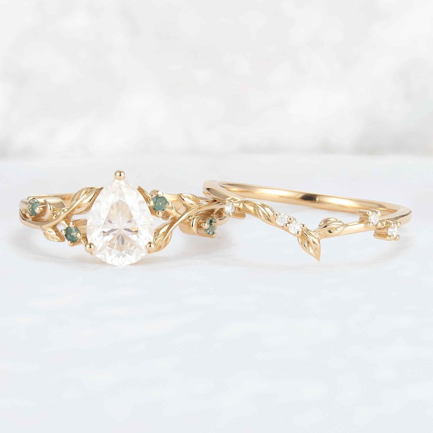 Unique Pear Cut Moissanite Leafy Gemstone Ring 2pcs
