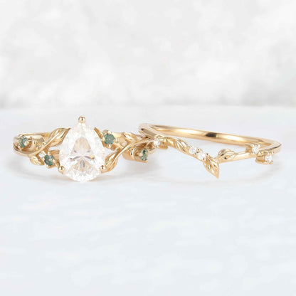 Unique Pear Cut Moissanite Leafy Gemstone Ring 2pcs