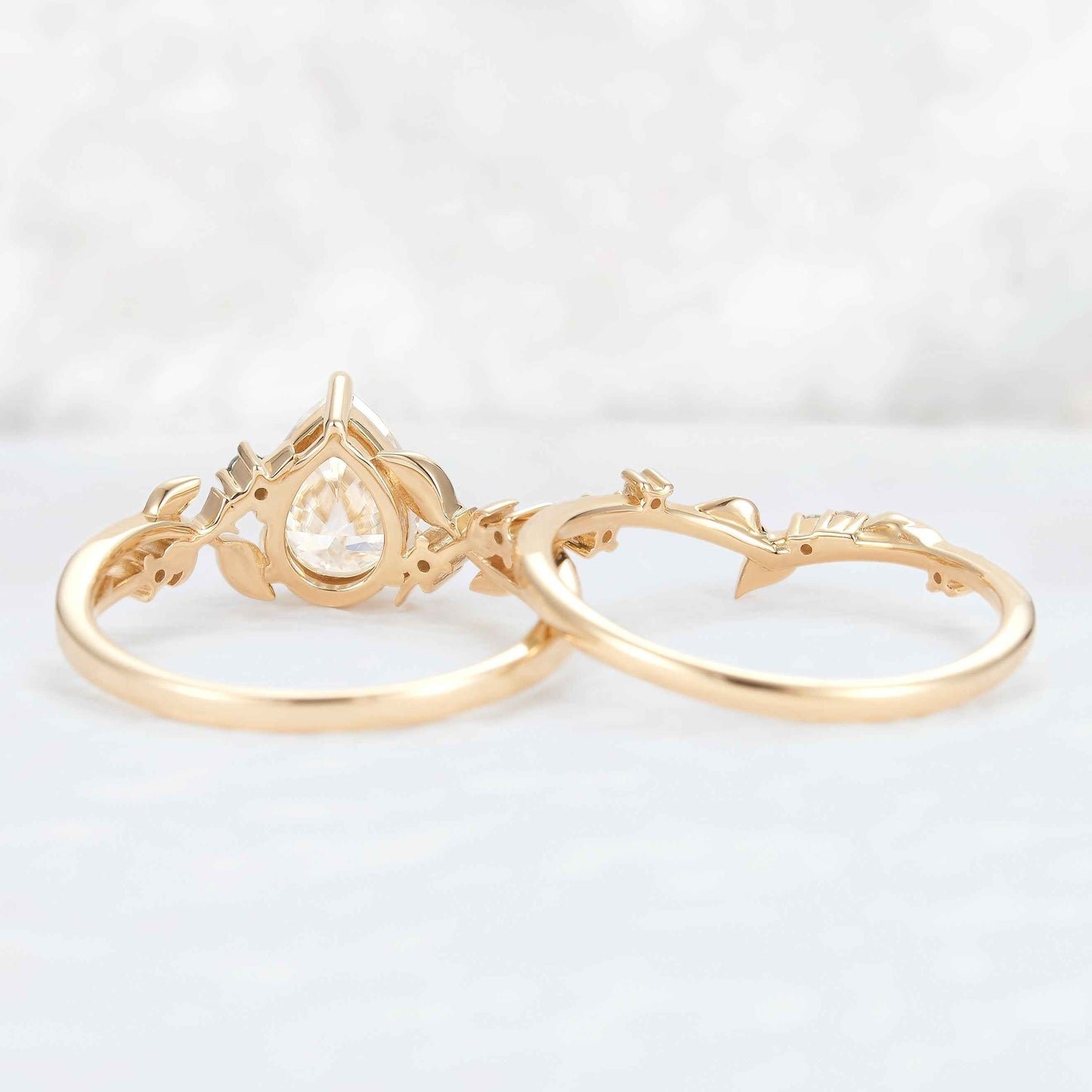 Unique Pear Cut Moissanite Leafy Gemstone Ring 2pcs