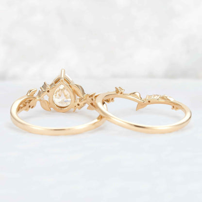 Unique Pear Cut Moissanite Leafy Gemstone Ring 2pcs