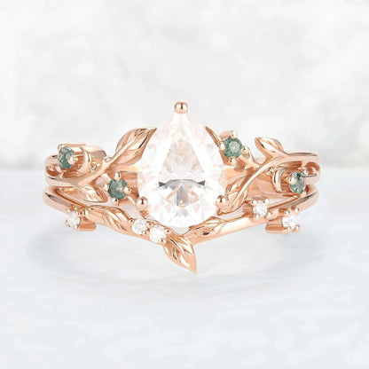 Unique Pear Cut Moissanite Leafy Gemstone Ring 2pcs