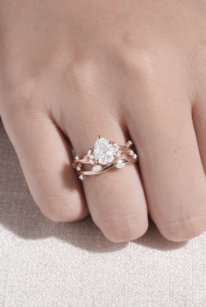 Unique Pear Cut Moissanite Vine Gemstone Ring Set 2pcs