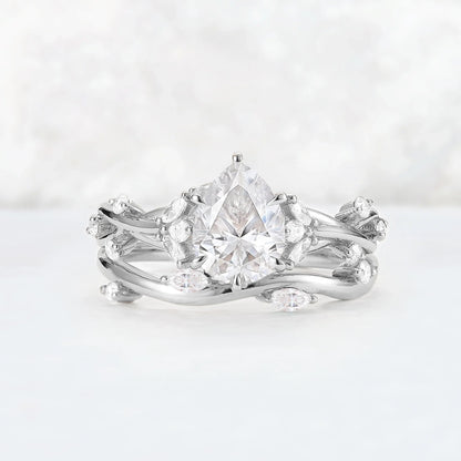 Unique Pear Cut Moissanite Vine Gemstone Ring Set 2pcs