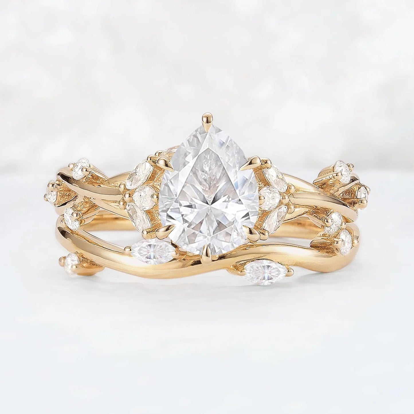 Unique Pear Cut Moissanite Vine Gemstone Ring Set 2pcs