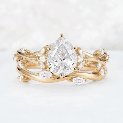 Unique Pear Cut Moissanite Vine Gemstone Ring Set 2pcs