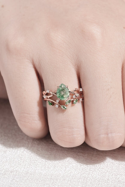 Unique Pear Cut Moss Agate Leaf and Vine Ring Set 2pcs
