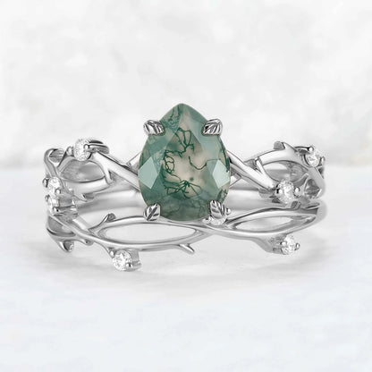 Unique Pear Cut Moss Agate Leaf and Vine Gemstone Ring Set 2pcs